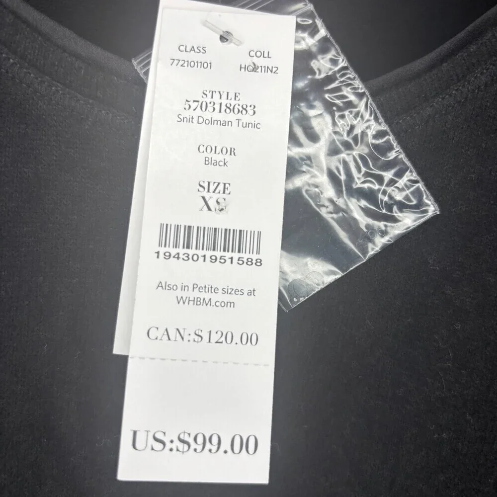 WHITE HOUSE BLACK MARKET NEW Snit Dolman Tunic Womens XS Black Sparkle